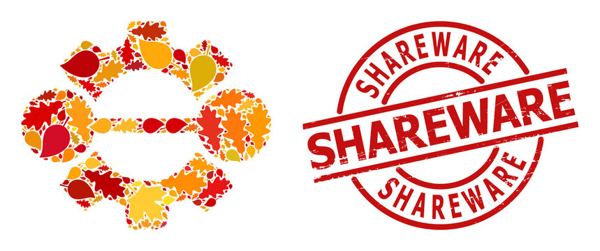 Integration Gear mosaic icon organized for fall seasonwith SHAREWARE grunge stamp seal. Vector integration gear mosaic is organized from scattered fall maple and oak leaves.