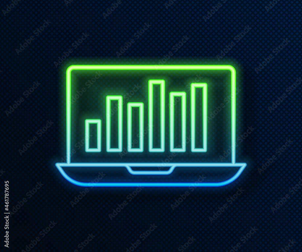 Fototapete Glowing neon line Laptop with graph chart icon isolated on blue background. Report text file icon. Accounting sign. Audit, analysis, planning. Vector