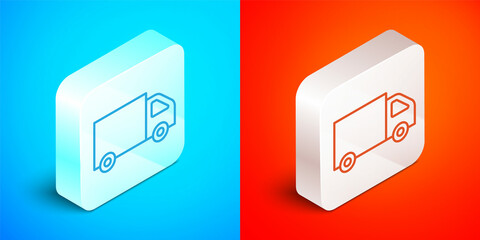 Isometric line Delivery cargo truck vehicle icon isolated on blue and red background. Silver square button. Vector