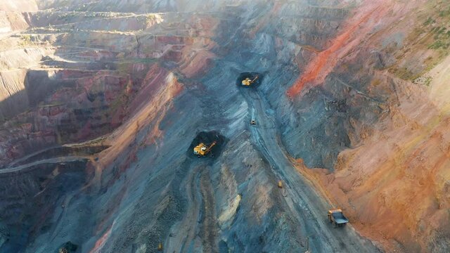 Aerial view of an open pit of iron ore. Resource mining