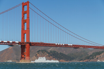 USS Michael Monsoor passing under Golden Gate Bridge while participating in Parade of Ship during Fleet Week 2021 in San Francisco 