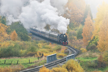 Obraz na płótnie Canvas Retro steam train approaches to the station.