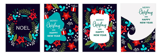 Set of colorful Christmas cards. 2022 New Year. Set of templates for cards, stickers, flyers. Flat cartoon style. Traditional greeting. Colorful Christmas wreath.