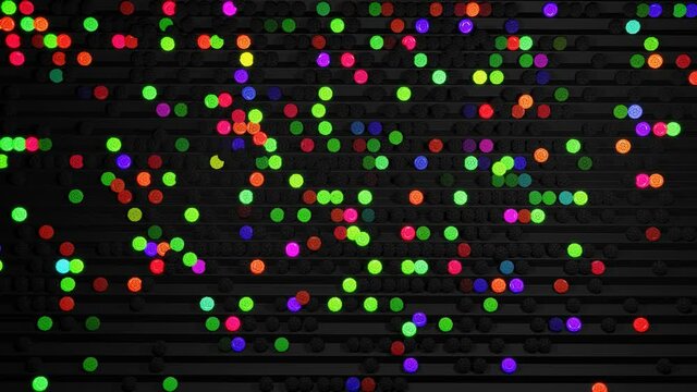 4k abstract looped background with spheres like bulbs or abstract garland. Balls or spheres lie on steps. Waves of color and light roll over balls on the steps forming a beautiful multicolor pattern.