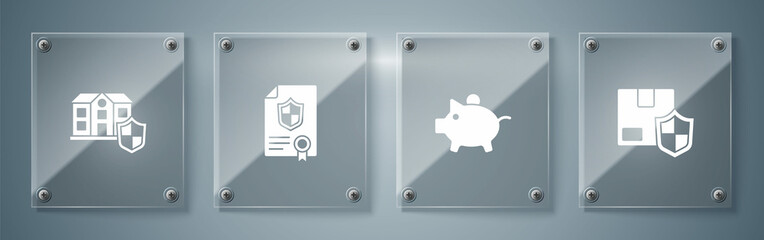 Set Delivery security with shield, Piggy bank, Contract and House. Square glass panels. Vector