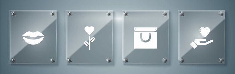 Set Heart in hand, Shopping bag, shape flower and Smiling lips. Square glass panels. Vector