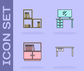 Set Office desk, Shelf with books, Library bookshelf and TV table stand icon. Vector