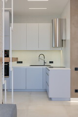 Modern luxury stylish kitchen interior in pastel colors. a very bright room with huge windows filled with daylight. blue walls, wooden parquet floors
