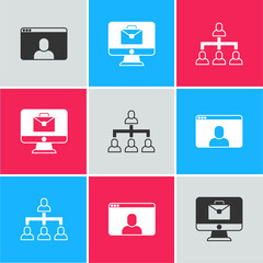 Set Video chat conference, Online working and Hierarchy organogram chart icon. Vector