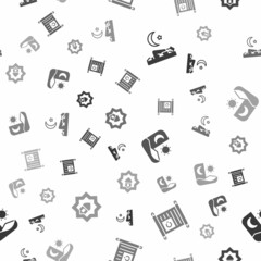 Set Muslim man prays, Holy book of Koran, Ramadan fasting and Mosque on seamless pattern. Vector