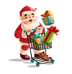 Merry Santa Claus shopping for Christmas holiday with cart
