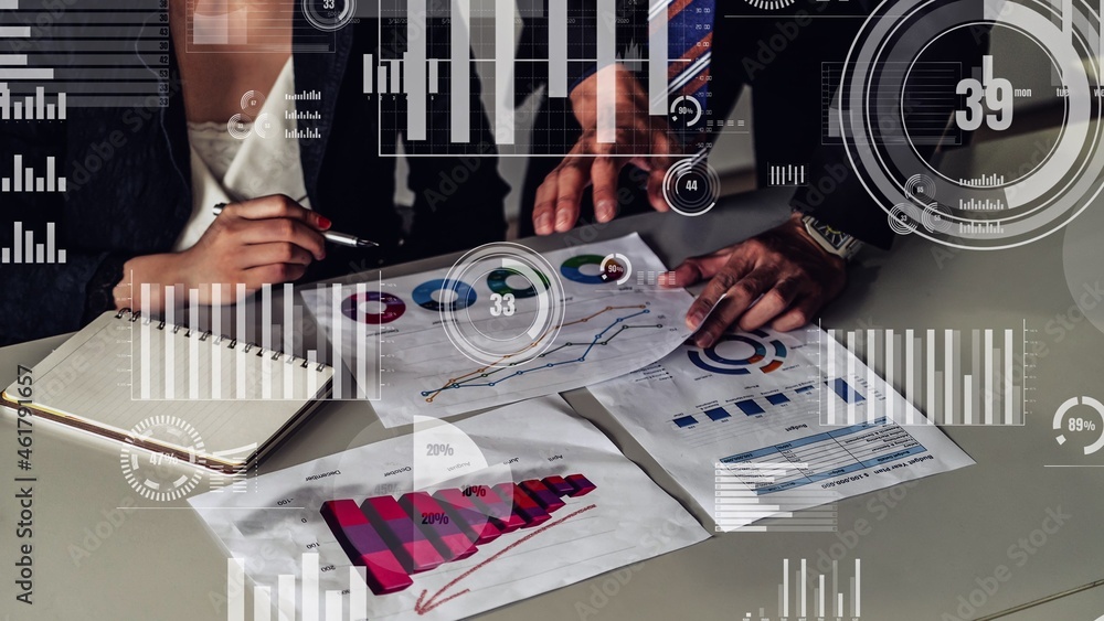Poster conceptual business dashboard for financial data analysis . 3d render computer graphic .