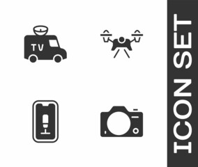 Set Photo camera, TV News car, Mobile recording and Drone icon. Vector