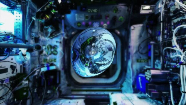 Water bubble floating and wiggling in space inside the ISS. Fluid simulation in zero gravity conditions. 
