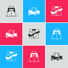 Set Cargo ship with boxes delivery, Forklift truck and Plane and cardboard icon. Vector