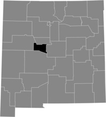 Black highlighted location map of the Valencia County inside gray map of the Federal State of New Mexico, USA