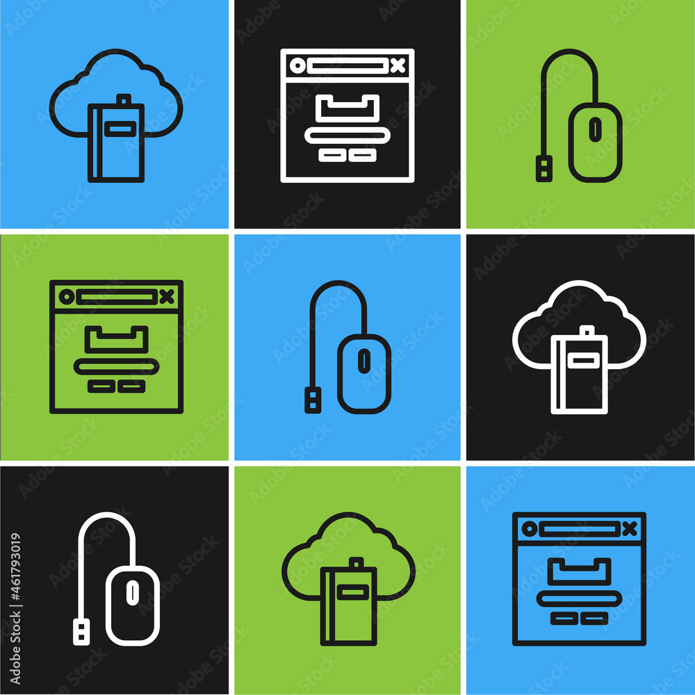 Poster set line cloud or online library, computer mouse and browser window icon. vector
