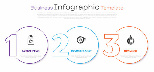 Set line Paper shopping bag, Vinyl player with disk and Disco ball. Business infographic template. Vector