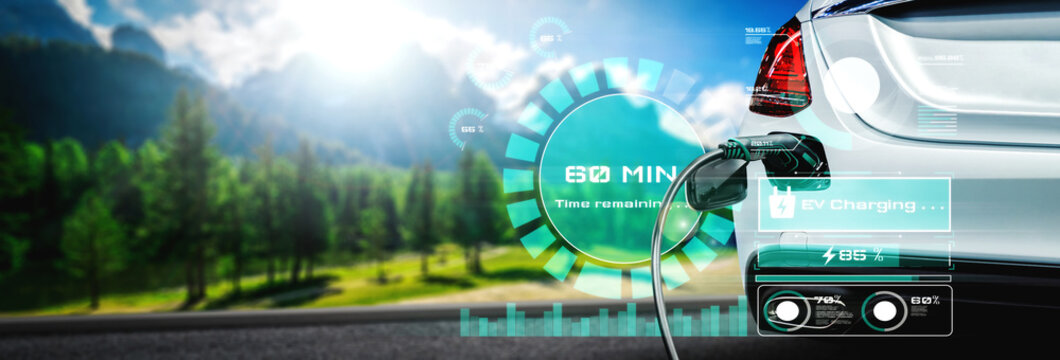 EV charging station for electric car in concept of alternative green energy produced from sustainable resources to supply to charger station in order to reduce CO2 emission .