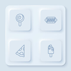 Set line Lollipop, Hotdog sandwich, Slice of pizza and Ice cream. White square button. Vector