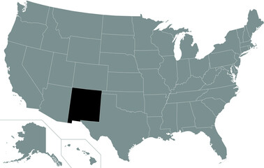 Black highlighted location map of the US Federal State of New Mexico inside gray map of the United States of America