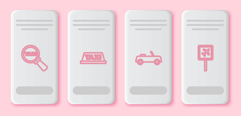 Set line Magnifying glass and taxi car, Taxi roof, Car and Airport. White rectangle button. Vector