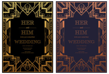 Gatsby card greetings template Art deco geometric vintage frame can be used for invitation, congratulation great gatsby party themes elements gold and Copper color with craft style on background.