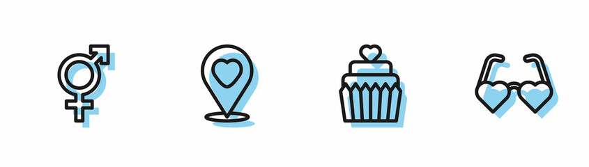 Set line Wedding cake with heart, Gender, Location and Heart shaped love glasses icon. Vector