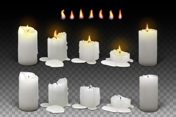 Set of realistic burning white candles for dark background. 3d candles with melting wax, flame and halo of light. Vector illustration with mesh gradients. EPS10.