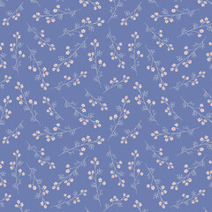 Vectorized hand drawn imagenary whildflowers in blue background seamless pattern print. Great for wedding, stationeries, wrapping paper, floral background, garden, seasonal event projects. Surface