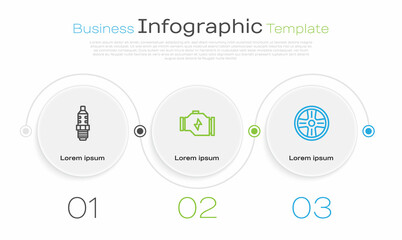 Set line Car spark plug, Check engine and Alloy wheel. Business infographic template. Vector