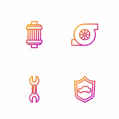 Set line Car with shield, Wrench spanner, air filter and Automotive turbocharger. Gradient color icons. Vector