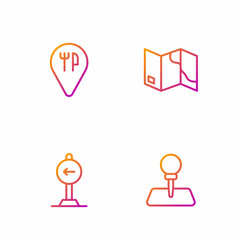 Set line Push pin, Traffic sign turn left, Cafe and restaurant location and Folded map. Gradient color icons. Vector