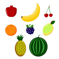 Set of fruits watermelon, pineapple, pomegranate, orange, banana, cherry, blackberry, mango