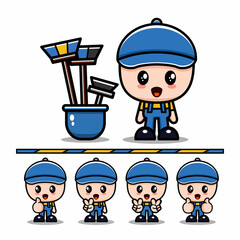 Cute and Adorable Chibi Illustration - Set of Cute and Adorable cleaning service cartoon art illustration