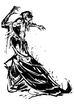 A dirty sketch of a tattoo.A black-and-white image of a thin evil ghost, in a threatening pose. he is dressed in ragged clothes, he has an amulet on his chest, and a hood and mask on his head.2d art