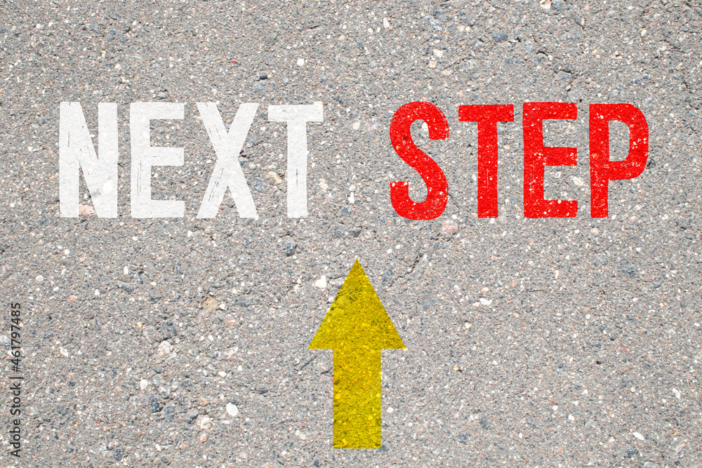 Poster next steps progress concept with chalk text and direction arrows on blackboard or chalkboard.
