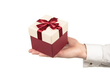 hand holding giftbox. prepare for romance date. business reward. occasion greeting.