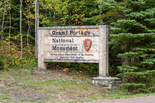 Minnesota, USA - October 5, 2021: Welcome and entrance sign for Grand Portage National Monument