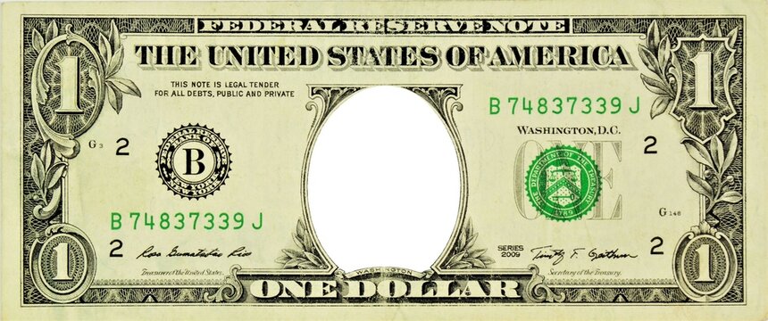 One US dollar with an empty space without a portrait. Frame background, template for photo design.