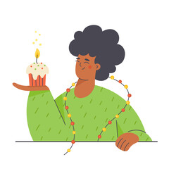 Christmas theme portrait of happy young woman holding a cake with candle. Winter holidays season celebration concept. Girl flat character vector illustration.
