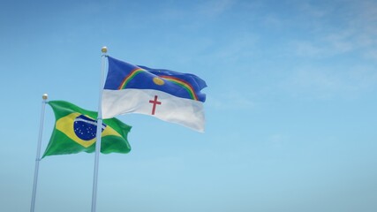 Waving flags of Brazil and the Brazilian state of Pernambuco against blue sky backdrop. 3d rendering