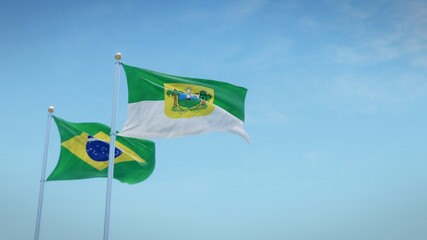 Waving flags of Brazil and the Brazilian state of Rio Grande do Norte against blue sky backdrop. 3d rendering