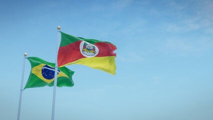 Waving flags of Brazil and the Brazilian state of Rio Grande do Sul against blue sky backdrop. 3d rendering