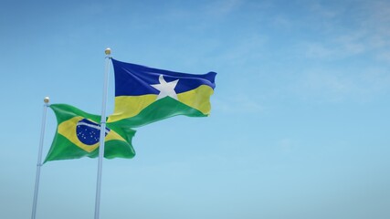 Waving flags of Brazil and the Brazilian state of Rondônia against blue sky backdrop. 3d rendering