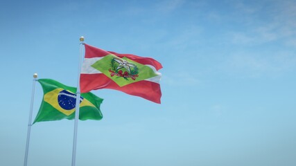 Waving flags of Brazil and the Brazilian state of Santa Catarina against blue sky backdrop. 3d rendering