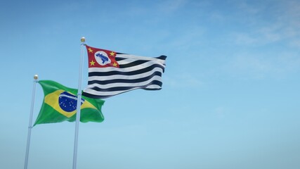 Waving flags of Brazil and the Brazilian state of São Paulo against blue sky backdrop. 3d rendering