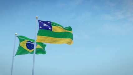 Waving flags of Brazil and the Brazilian state of Sergipe against blue sky backdrop. 3d rendering