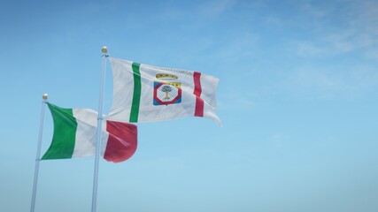 Waving flags of Italy and the Italian region of Puglia against blue sky backdrop. 3d rendering
