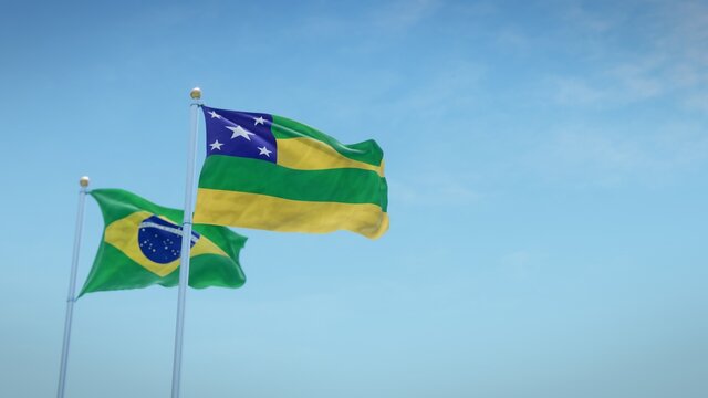 Waving flags of Brazil and the Brazilian state of Sergipe against blue sky backdrop. 3d rendering